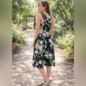 Vintage 80s Cherie LeAnne Dress 20W Black Floral Midi Cottagecore Bow Back